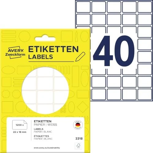 Avery-Zweckform Mini-Organisationsetiketten Sonderformat, 22x18mm, weiß, 30 Blatt (1200 Etiketten)