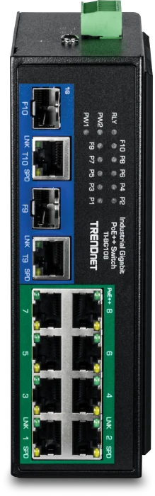 TRENDnet TI Hardened Industrial Railmount Gigabit Switch, 8x RJ-45, 2x RJ-45/SFP, 400W PoE++