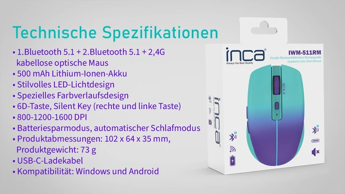 Inca IWM-511RM Wireless Mouse blau/violett, USB/Bluetooth