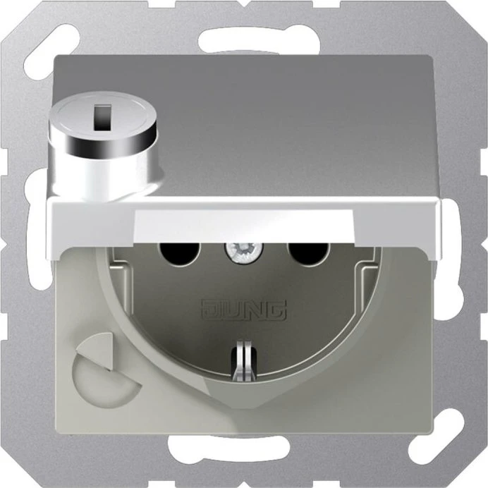 Jung Serie A Steckdose mit Klappdeckel, Sicherheitsschloss, aluminium