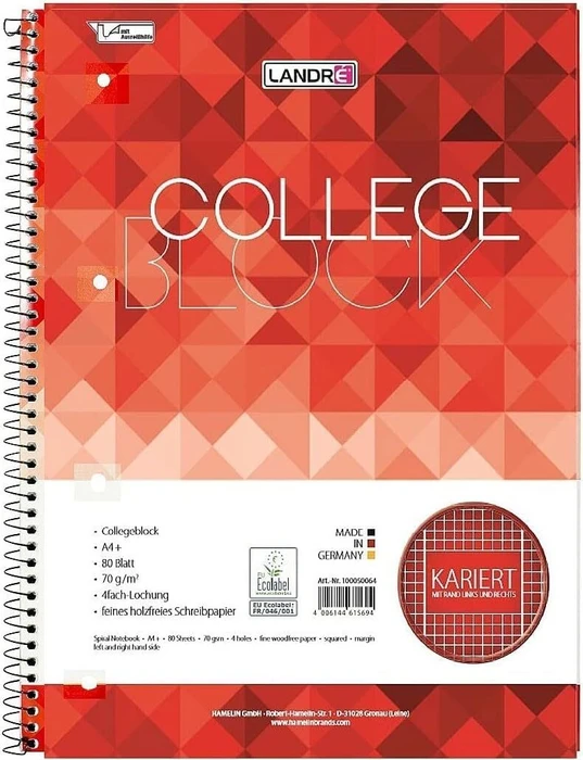 Landré College Collegeblock, A4, kariert, 80 Blatt