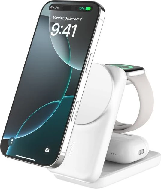 Belkin UltraCharge faltbare magnetische 3-in-1-Ladestation mit Qi2 (25W) viereckig weiß