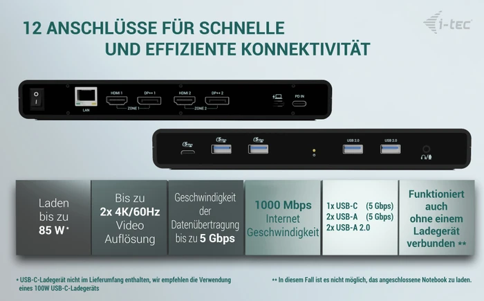 i-tec Universal Dual 4K Display Docking Station + Power Delivery 85W, USB-C 3.0 [Buchse]