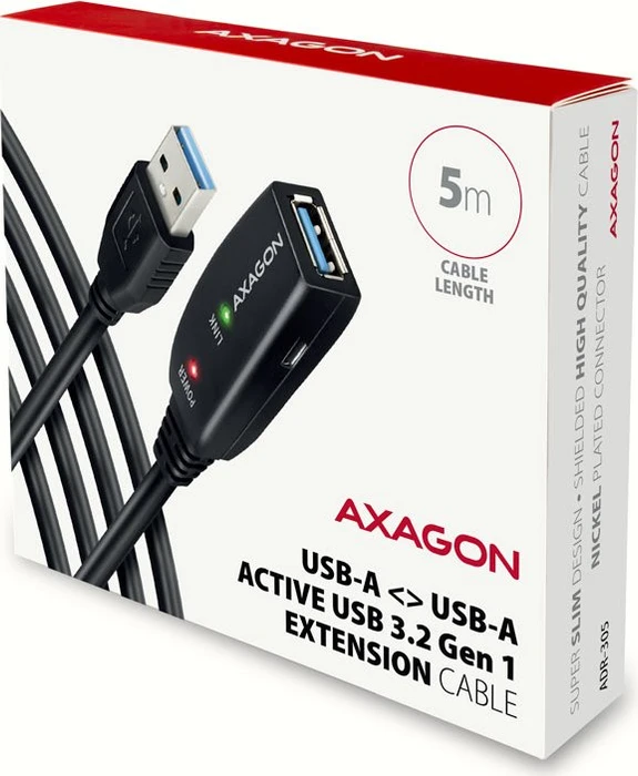 Axagon USB-A Verlängerung, USB 3.0, 5Gb/s, USB-A 3.0 [Stecker] auf USB-A 3.0 [Buchse], aktiv, Verlängerungskabel A/A, 5m
