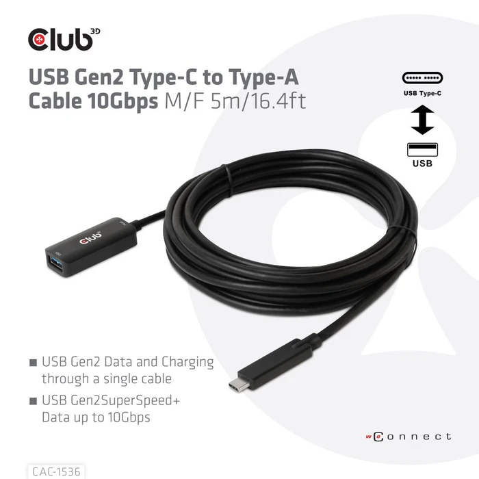 Club 3D USB-C 3.1 Kabel, aktiv, 10Gb/s, USB-C 3.1 Stecker auf USB-A 3.1 Buchse, 5m