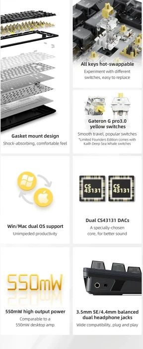 FiiO KB3 HiFi Tastatur mit integriertem Kopfhörerverstärker, schwarz/transluzent, Gateron G Pro 3.0 YELLOW, USB, DE