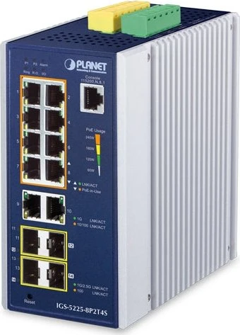 Planet IGS-5225 Industrial Railmount Gigabit Managed Switch, 10x RJ-45, 4x SFP, 240W PoE+