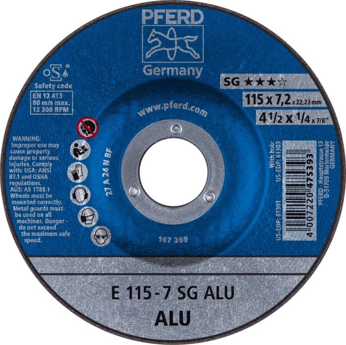 Pferd E 115-7 SG ALU Schleifscheibe, 115x7.2x22.23mm, 10 Stück
