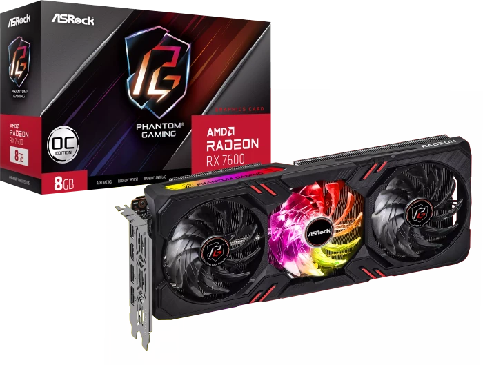 ASRock Radeon RX 7600 Phantom Gaming 8GB OC, RX7600 PG 8GO, 8GB GDDR6, HDMI, 3x DP