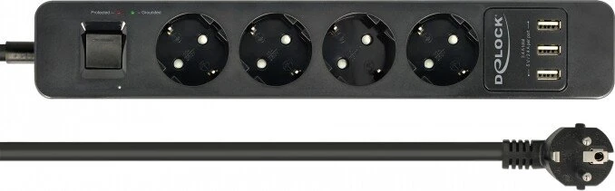 DeLOCK Steckdosenleiste mit Überspannungsschutz und USB-Ladefunktion, Schalter, 4-fach, 1.5m, schwarz