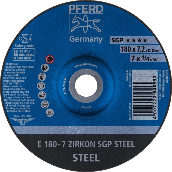 Pferd E 180-7 ZIRKON SGP STEEL Schleifscheibe, 180x7.2x22.23mm, 10 Stück