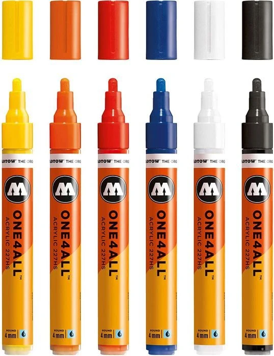 Molotow ONE4ALL 227HS 4mm Acrylmarker Basic-Set 1 sortiert, 6er-Set, Etui