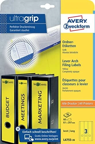 Avery-Zweckform Ordneretiketten, 61x297mm, gelb, 20 Blatt (60 Etiketten)