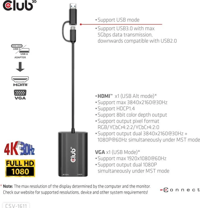Club 3D USB-C/USB-A 3.0 [Stecker] auf HDMI 4K/30Hz [Buchse], VGA 1080/60Hz [Buchse], M/F Adapter