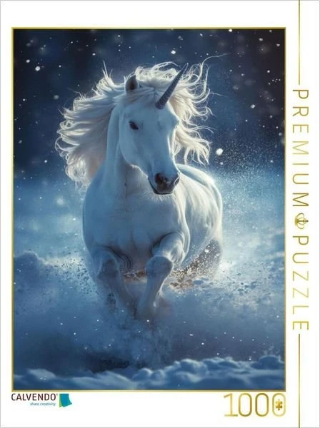 Calvendo Winterspuren: Ein weißes Einhorn im blauen Schneetanz