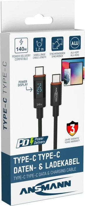 Ansmann USB-C Kabel, USB 2.0, 480Mb/s, 140W PD 3.1, USB-C Stecker auf USB-C Stecker, schwarz, 2m