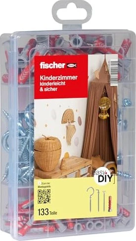 fischer EasyDIY Box Kinderzimmer Schrauben/Dübel-Sortiment inkl. Werkzeugbox, 133 Stück