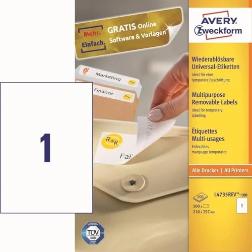 Avery-Zweckform Etiketten, A4, ablösbar, weiß, 100 Blatt (100 Etiketten)