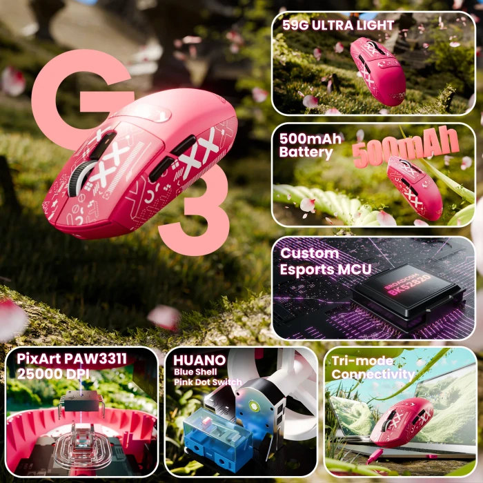 Attack Shark G3 Tri-mode Wireless Gaming Mouse, Berry Red, inkl. Grip Tape, USB/Bluetooth