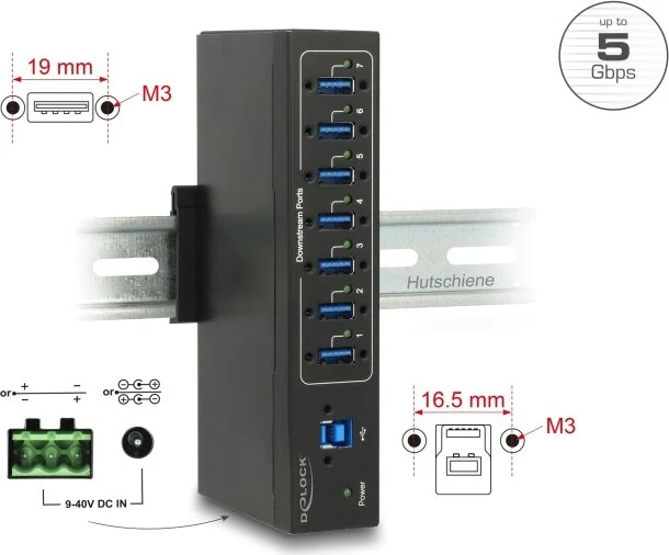 DeLOCK Industrial Railmount USB-Hub, 7x USB-A 3.0, USB-B 3.0 [Buchse]