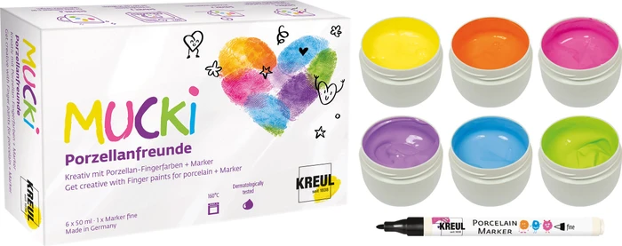 Kreul Mucki Porzellan-Fingerfarbe, 7 Farben, 50ml, 7er-Set