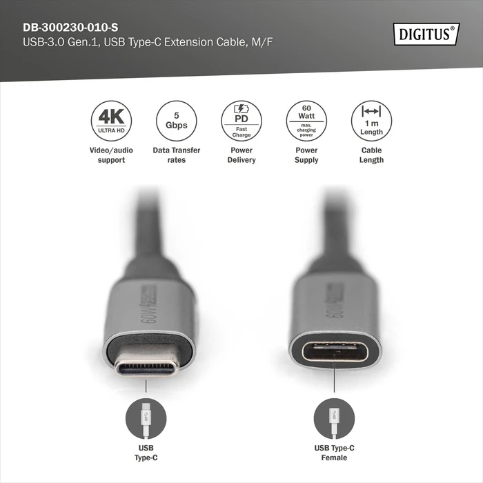 Digitus USB 3.0 Verlängerungskabel, USB-C [Stecker] auf USB-C [Buchse], 1m schwarz