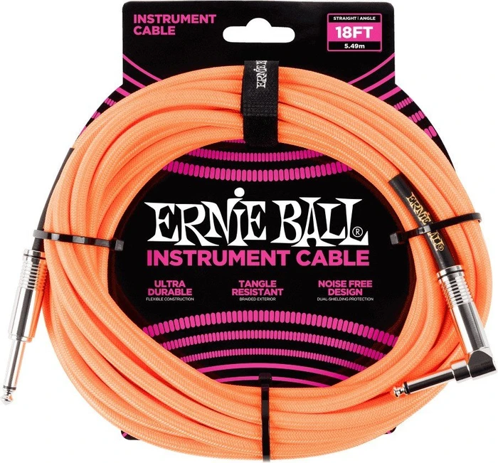 Ernie Ball 18' Braided Straight/Angle Instrument Cable Neon Orange