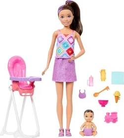 Mattel Barbie - Skipper Babysitters Inc. Spielset mit Skipper-Puppe, Kleinkind-Puppe, Hochstuhl und 8 Zubehörteilen