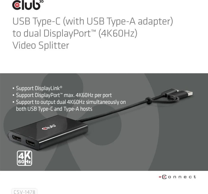 Club 3D USB-C 2x Displayport Videosplitter, USB-C 3.0 [Stecker]