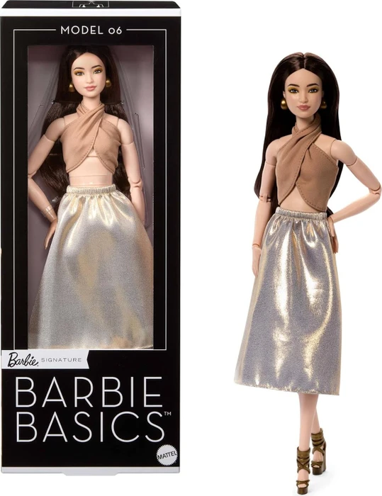 Mattel Barbie - Basics - Modell 6 mit brünetten Haaren in schimmerndem goldenen Rock und Haltertop