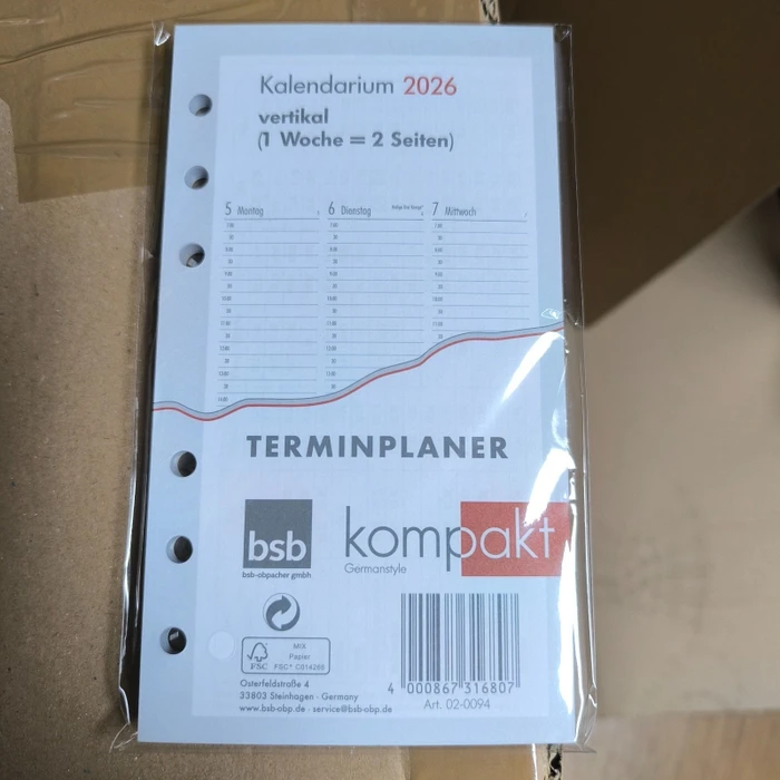 bsb-obpacher Kalender Kompakt Vertikal Ersatzeinlage Wochenansicht 2026, A6