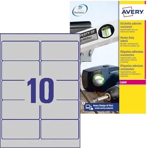 Avery-Zweckform Typenschildetiketten, 96x50.8mm, wetterfest, silber, matt, 20 Blatt (200 Etiketten)
