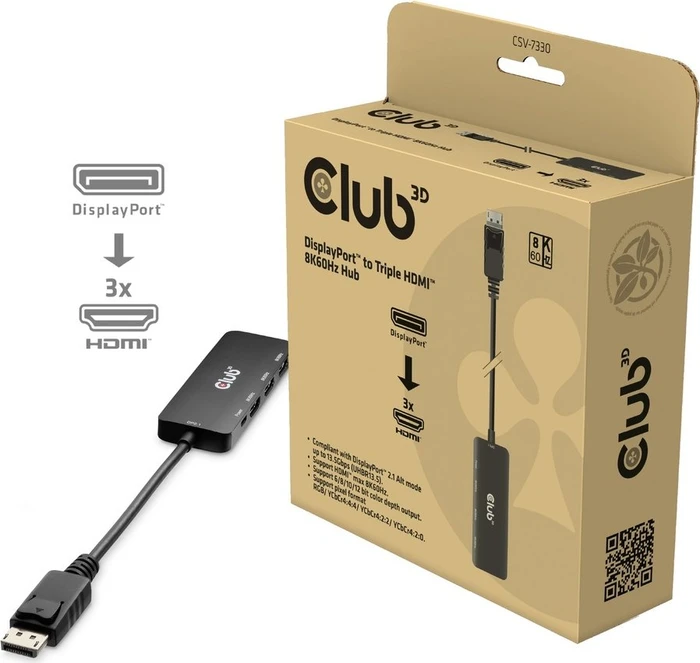 Club 3D DisplayPort to Triple HDMI Hub, DisplayPort 2.1 auf 3x HDMI Adapter