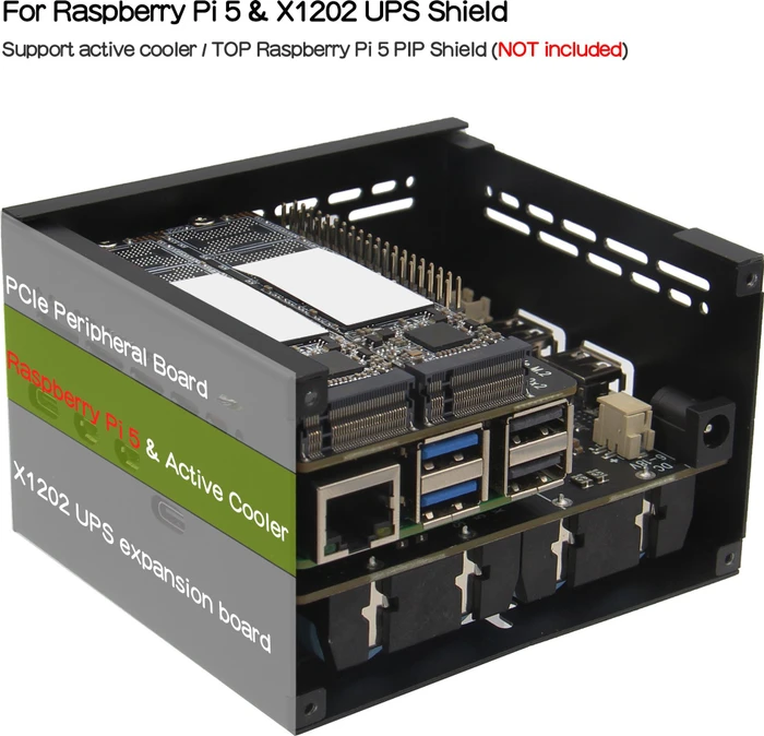 Geekworm Gehäuse für Raspberry Pi 5 X1202 Shield, schwarz