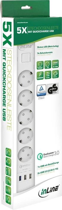 InLine Steckdosenleiste, 3x USB, Überspannungsschutz, Quick Charge, 5-fach, 1.5m, weiß