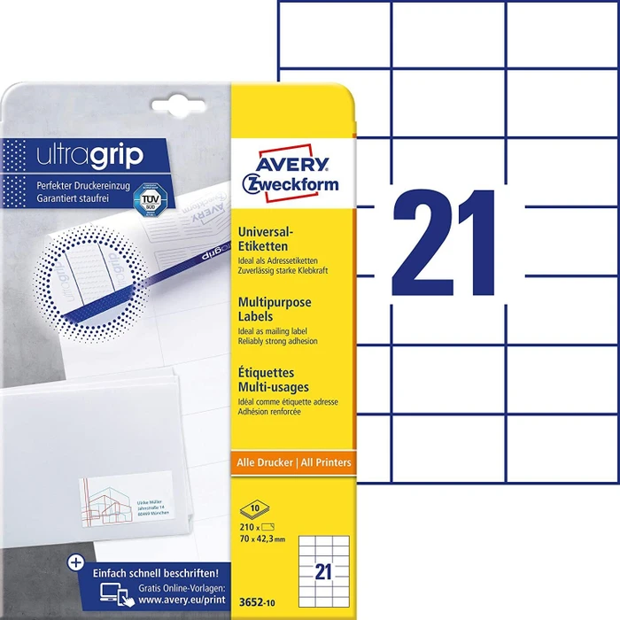 Avery-Zweckform Etiketten, 70x42.3mm, weiß, 10 Blatt (210 Etiketten)