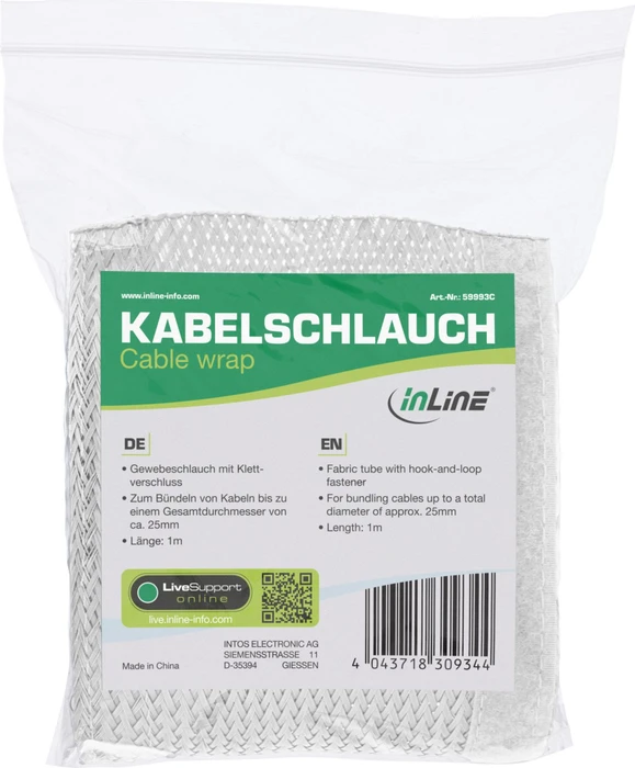 InLine Kabelschlauch Gewebeschlauch mit Klettverschluss, 25mm, 1m, weiß
