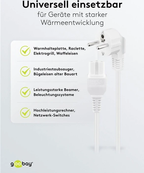 Wentronic Goobay Warmgeräte Netzkabel, Schutzkontakt auf Warmgerätestecker C15, weiß, 2m