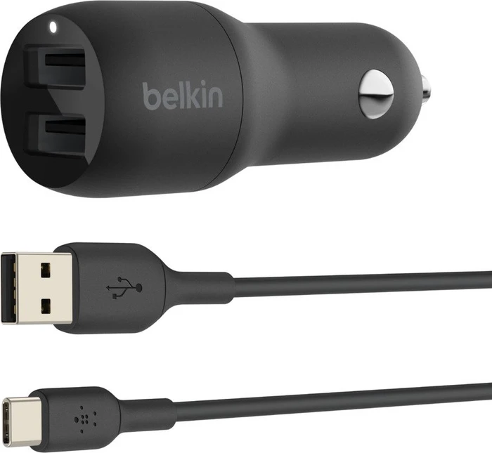 Belkin BoostCharge Dual USB-A Car Charger 24W + USB-A to USB-C schwarz