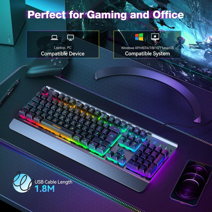 TeckNet RGB Gaming Keyboard, schwarz, LEDs RGB, USB, UK