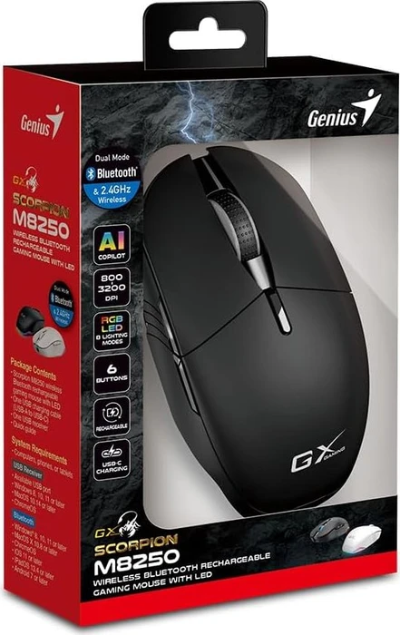 Genius GX Gaming Scorpion M8250 Wireless Rechargeable Gaming Mouse, schwarz, USB/Bluetooth
