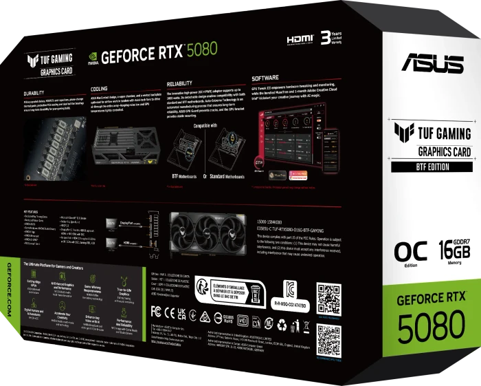 ASUS TUF Gaming GeForce RTX 5080 BTF OC Edition, TUF-RTX5080-O16G-BTF-GAMING, 16GB GDDR7, 2x HDMI, 3x DP