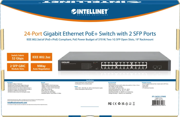 Intellinet Rackmount Gigabit Switch, 24x RJ-45, 2x SFP, 370W PoE+