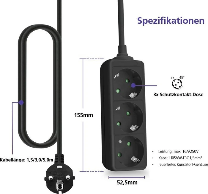 Helos CLASSIC Steckdosenleiste, 3-fach, 1.5m, schwarz