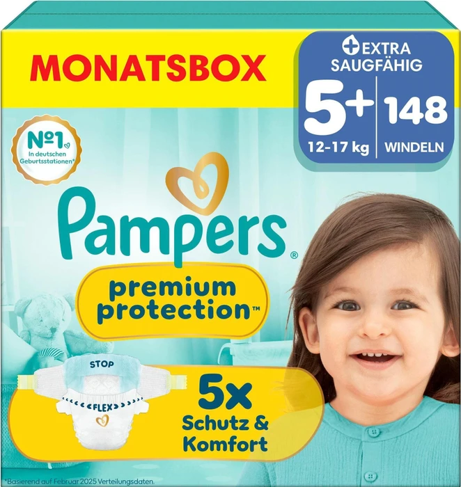 Pampers Premium Protection Gr.5+ Junior Plus Einwegwindel, 12-17kg, 148 Stück
