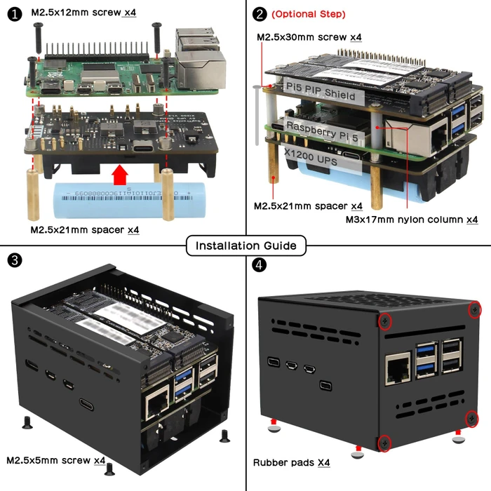 Geekworm Gehäuse für Raspberry Pi 5 X1200 Shield, schwarz