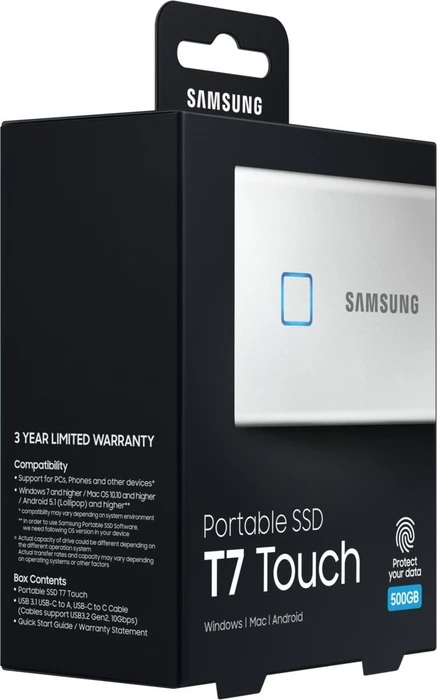 Samsung Portable SSD T7 Touch, Metallic Silver, 500GB, USB-C 3.1