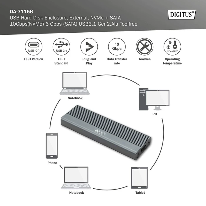 Digitus Festplattengehäuse für M.2 NVMe SSD, USB-C 3.1