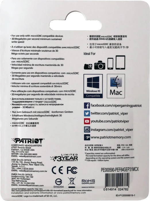 Patriot EP R90 64GB Kit, UHS-I U3, A1, Class 10