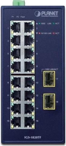 Planet IGS-1820TF Industrial Railmount Gigabit Switch, 16x RJ-45, 2x SFP